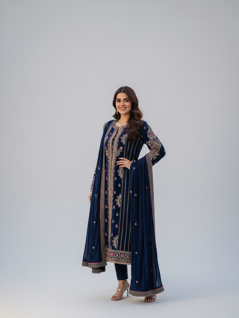 Unstiched 3pc Full Embroided Velvet Suit