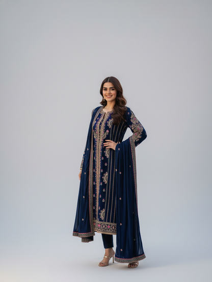 Unstiched 3pc Full Embroided Velvet Suit