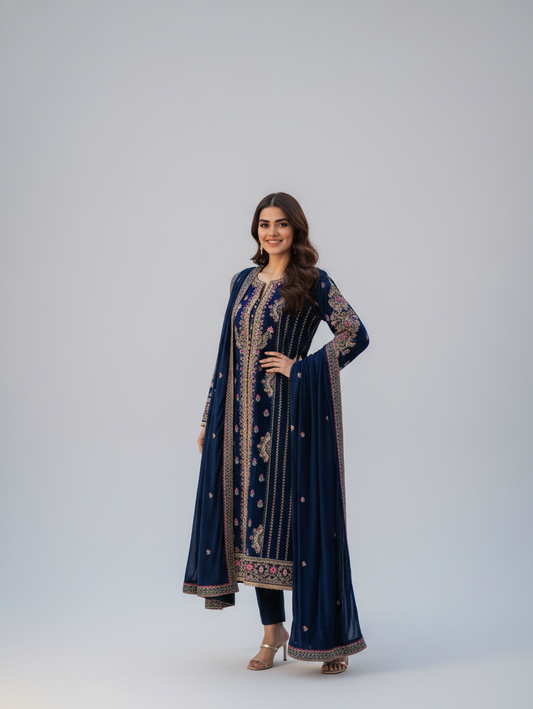 Unstiched 3pc Full Embroided Velvet Suit