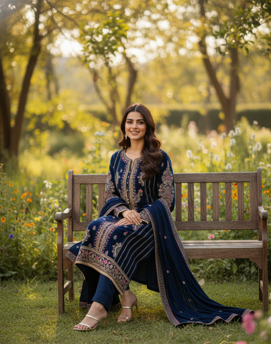 Unstiched 3pc Full Embroided Velvet Suit